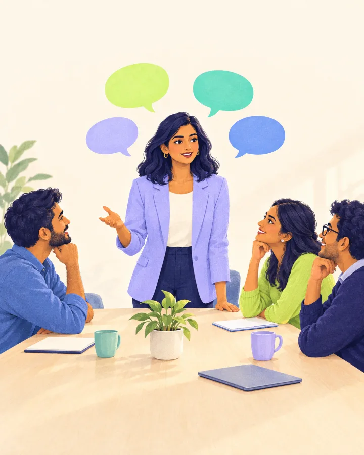 Illustration: a woman speaks up in a meeting while her colleagues lean in and listen